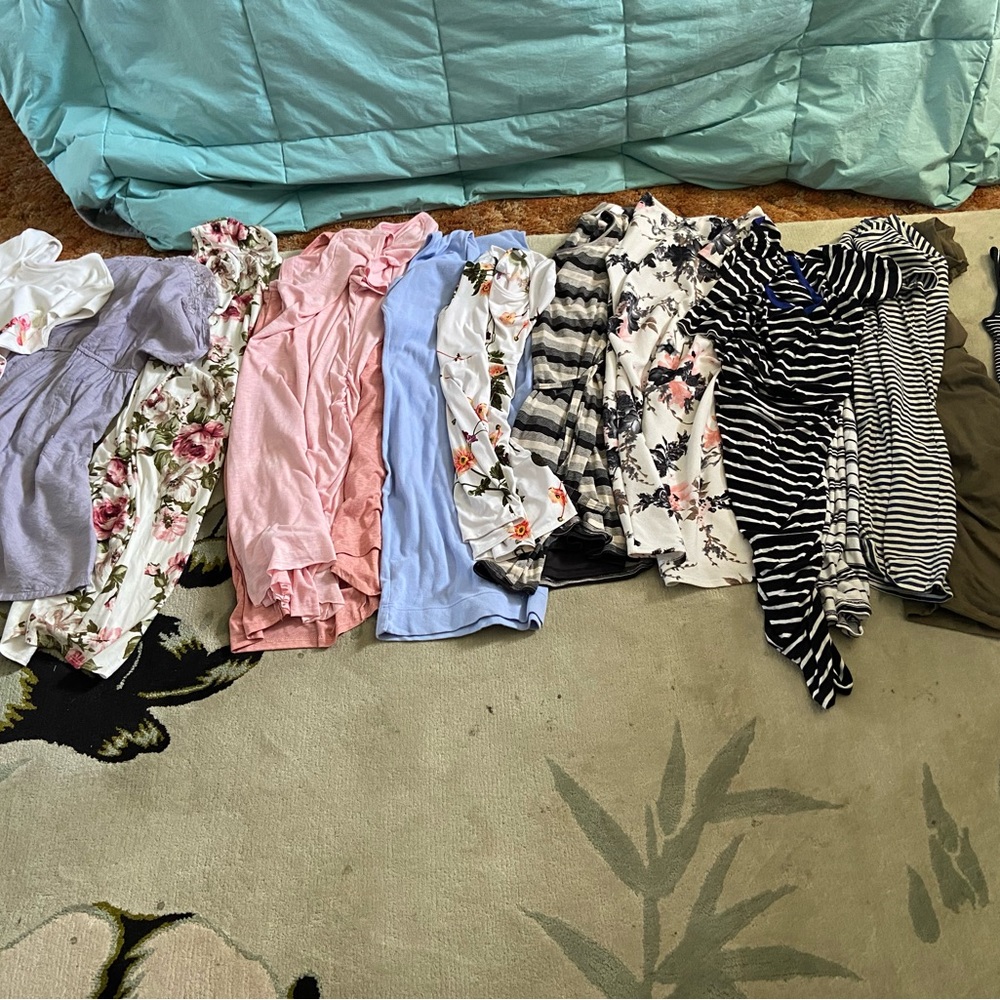 12 maternity dresses small to medium size but all fit medium & 2 shirts !
